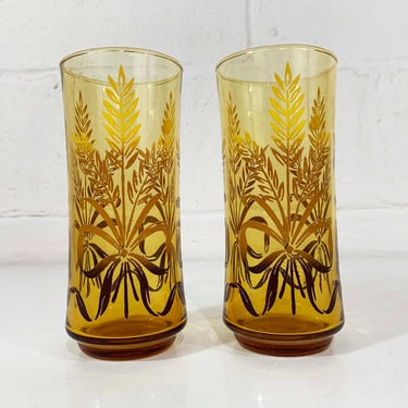 Vintage Libbey Glasses Yellow Gold Brown Wheat Tumblers Set of 2 Reed Grasses Retro Glass Barware Cocktail 1970s 