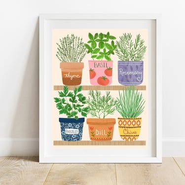 Indoor Herb Garden 8 X 10 Art Print/ Potted Houseplants Kitchen Illustration/ Culinary Plants Wall Art/ Modern Botanical Home Decor 