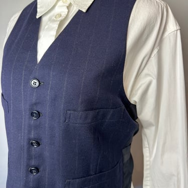 1920’s 30’s 40’s Speakeasy style~ Men’s wool vest pinstripes Navy blue WW2 antique suit vest fitted Gender neutral unisex /size Smaller 