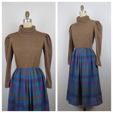Vintage 1980s plaid dress, turtle neck, full skirt, puff sleeves, pockets, academia 