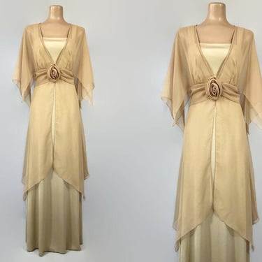 TLC SALE- Vintage 70s Gold Metallic Jersey and Sheer Chiffon Maxi Dress by Emma Domb | 1970s Hostess Dress | As-Is Wounded Sale | VFG 
