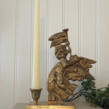 Vintage Brass Angel Playing Trumpet Candle Stick Holder 