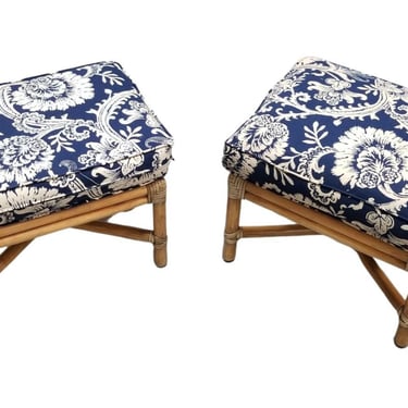 Restored Leather Wrapped Rattan Footstool Pair Signed by McGuire 