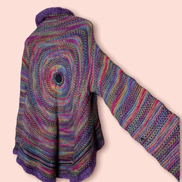 Vintage Hand Knit Crocheted Purple Space Dye Afghan Sweater Coat Bell Sleeve Cardigan Sweater Hood 