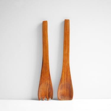 Vintage Teak Wood Serving Tongs, Mid Century Danish Modern Salad Tong Set 