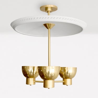 Scandinavian Modern 3 brass shade chandelier with large reflector.