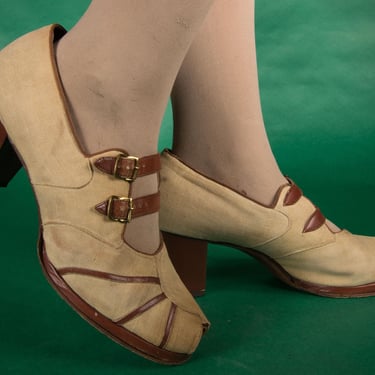 1940s Shoes - Size 9.5  - Darling Deadstock Khaki Brown Cotton Canvas Lace Up 40s Wedges with Peeptoes 