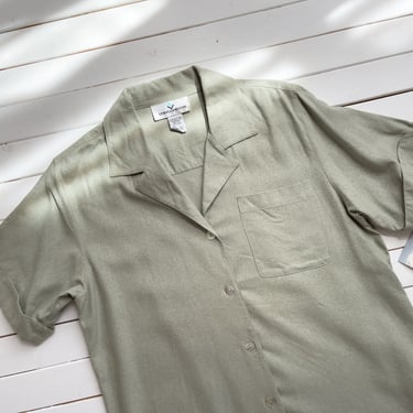 green silk blouse | 90s vintage pastel sage green raw silk oversized short sleeve blouse 