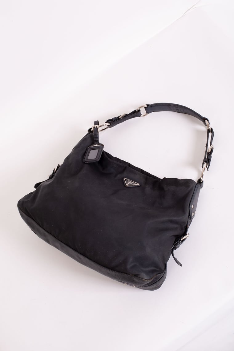 PRADA Nylon Mini Pochette Tessuto Shoulder Bag in Nero Vela, Backroom  Clothing