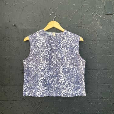 60s White & Navy Paisley Sleeveless Top