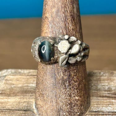 Sterling Silver Black Cats Eye Stone Ring Brutalist Modern Handmade Jewelry 