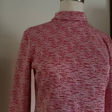 Vintage 60s Stretch Knit Space Dye Long Sleeve Top with Turtleneck ; 70s Retro Psychedelic Red &  Hot Pink Geometric Long Sleeve Blouse M/L 