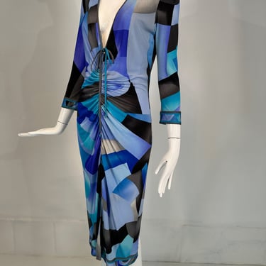 Leonard Paris Silk Geometric Print Jersey Dress Hidden Zipper Front Closure 38