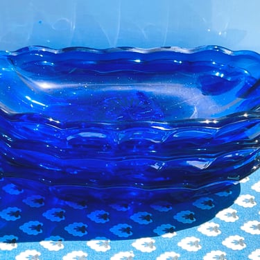 Vintage Pretty set of (4) Cobalt Blue Glass Sundae Ice cream Bowl with scalloped edges-marked Anchor Hocking 