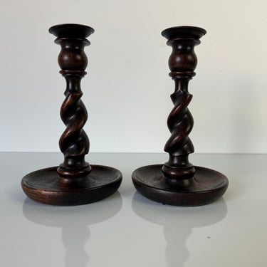 Vintage Carved Oak Barley Twist Candlesticks - a Pair 