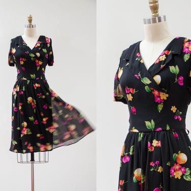 cute cottagecore dress | 90s vintage Dana Buchman black silk chiffon floral fruit pattern surplice fit and flare dress 
