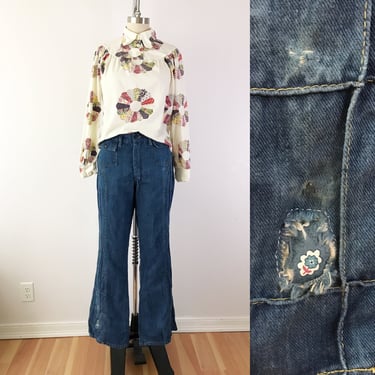 SIZE L 10 12 - 70s Bell Bottom Flare Leg Jeans - Medium Wash - Repaired Patchwork Patched - Windowpane Boho Wide Flare Denim 