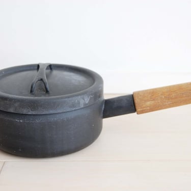 Scandinavian Modern Vintage Arabia Finland Finella Enamel Pot With Wooden Handle Black with Lid 