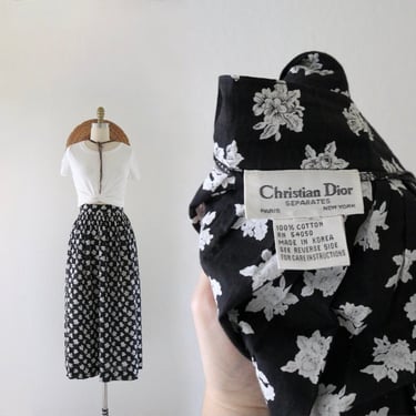 christian dior full cotton skirt - 31.5 - vintage designer black floral maxi long minimal cottage dark 90s goth minimalist 