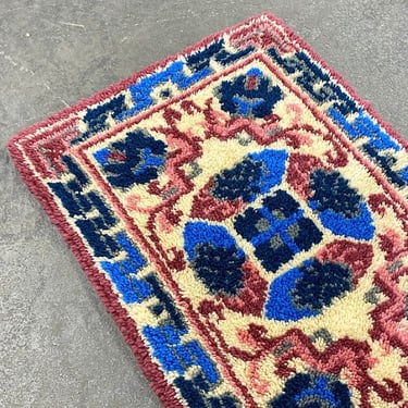 Vintage Latch Hook Rug 1980s Retro Size 35x25 Bohemian + Accent Rug + Woven Yarn + Handmade + Pink + Purple + Blue + Home and Floor Decor 