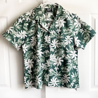 COCONUT BUTTONS Hawaiian Shirt, Green Shannon Marie, 40" Chest, Vintage Floral Blouse Button Down USA Short Sleeves 70's, 80's 