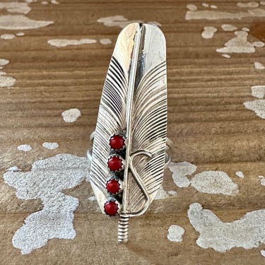 FLOAT LIKE A FEATHER Sterling Silver and Coral Ring | Bryon Begay Handmade Jewelry, Native American Navajo Southwestern Style | Size 10 1/4 
