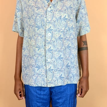 Vintage 70s Blue Floral Short Sleeve Camp Collar Shirt  XL 2XL Oversize 