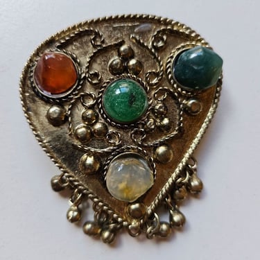 Indian Multi-Stone Brooch, Pewter Brooch, Pewter Embossed Brooch, Multi Stone Pin, Ethnc Jewelry, Gypsy Brooch, Scarf Pin, Hat Pin, 
