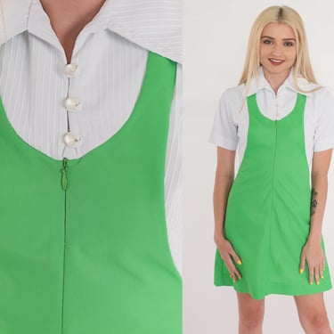 Mod Mini Dress 60s Diner Uniform Dress Zip Button up Color Block Shift Green White Pointed Collar Sixties Short Sleeve Vintage 1960s XS 