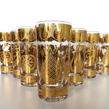 Set of 7 Culver Florentine Highball Glasses, MCM Gold Fruit Tumblers, 1960s  22kt Gold Barware 