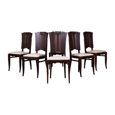 1930s French Art Deco Oak Dining Chairs W/ Cream Leather - Set of 6 