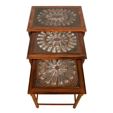 Nesting Set of 3 Danish Modern Rosewood Accent Tables w Tile Tops