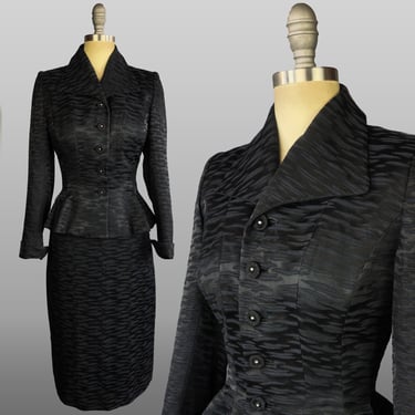 1950s Suit / 1950s New Look Suit / Dior Look Suit / Black Jacquard Suit / Jacket w/ Peplum / Size Extra Small  Size Small 