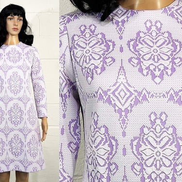 Vintage Pastel Purple Dress Long Sleeve Shift Violet Lavender Party Mod A-Line Belted Wedding Guest Dress 1960s 60s Medium Small 