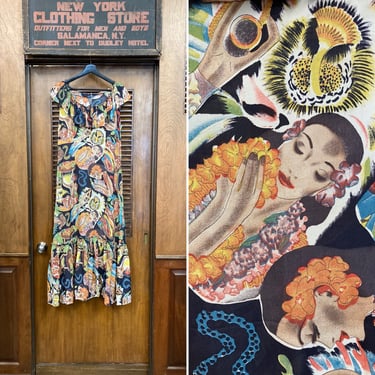 Vintage 1940’s Frank McIntosh Hula Girl Print Rayon Hawaiian Dress, Vintage Rayon, Hawaiian Print, Tiki Print, Tropical, 1940’s Dress, 