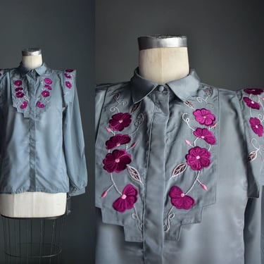 Vintage 1980s Retro Western Blouse / Vintage Gray Purple Floral Blouse / 1980s Retro Futuristic Blouse 