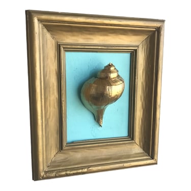 Large Vintage Gold Ornate Framed Genuine Gold Dipped Large Channeled Welk Seashell | Boho Chic Beach House Wall Art 