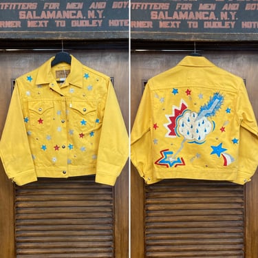 Vintage 1980’s Levi’s Custom Artwork Mod Glam Stars Denim Cropped Trucker Jacket, 80’s Vintage Clothing 