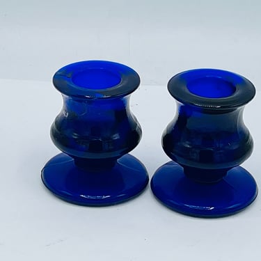 Pair of Vintage Pressed Glass Cobalt Blue Candle Holders- 