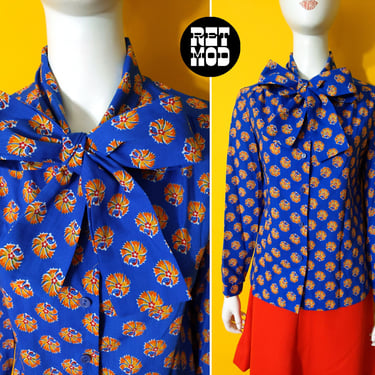 NWOT Lovely Vintage 60s 70s Blue Pussybow Cotton Blouse with Orange Emblem Flowers 