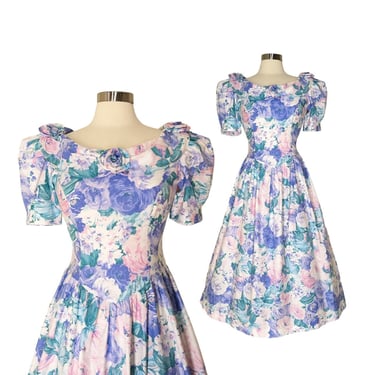 Vintage Floral Party Dress, 80s Puffy Sleeve Cotton Dress, Drop Waist Coquette Style Tea Dress 