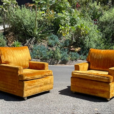 Gorgeous Mid-Century Orange Crushed Velvet Club Chairs - Circa 1960s 