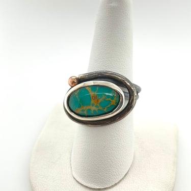 Artisan Abstract Modernist Green Turquoise Sterling Silver Swirl Ring Sz 8.5 