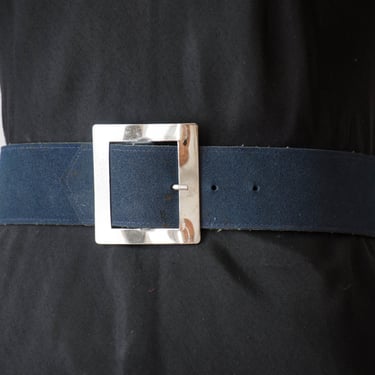 vegan leather belt | 90s vintage dark blue academia style wide faux suede waist belt silver buckle 