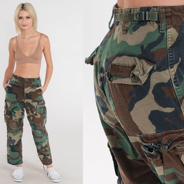 Camo Army Pants 90s Cargo Pants Military Combat Olive Green Camouflage Grunge Punk Rocker Cotton Vintage 1990s Extra Small xs Short 