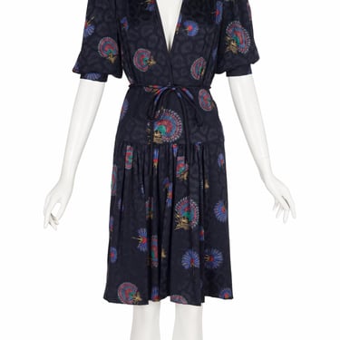 Balostro Couture 1980s Peacock Fan Print Vintage Black Silk Jacquard Dress Sz XS 