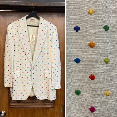 Vintage 1960’s Mod Embroidered Linen Pop Art Sport Coat Blazer Tiki Jacket, 60’s Vintage Clothing 