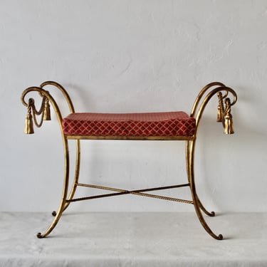 1950s Italian Gilded Scroll Rope Tassel Bench Hollywood Regency 