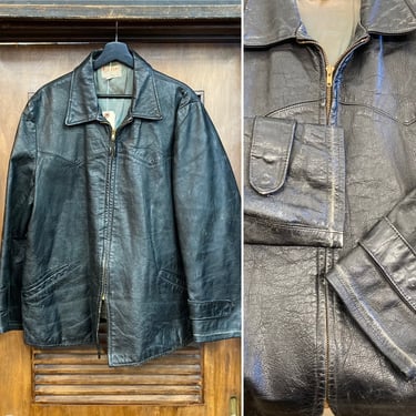 Vintage 1950’s Size XL Black 3/4 Length Western Yoke Workwear Leather Jacket, 50’s Western Wear, Vintage Jacket, Vintage Clothing 