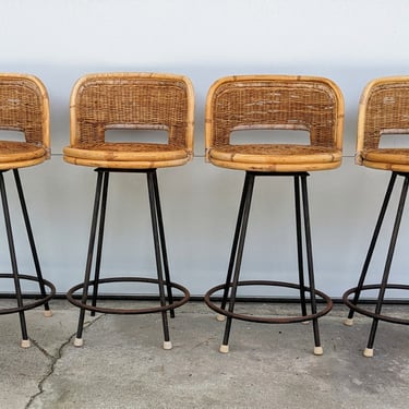 Vintage Modern Counter Height Swivel Wicker and Wrought Iron Bar Stools - Set of 4 